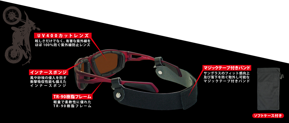 UV400カットレンズ、インナースポンジ、TR-90樹脂フレーム、マジックテープ付きバンド、ソフトケース付き